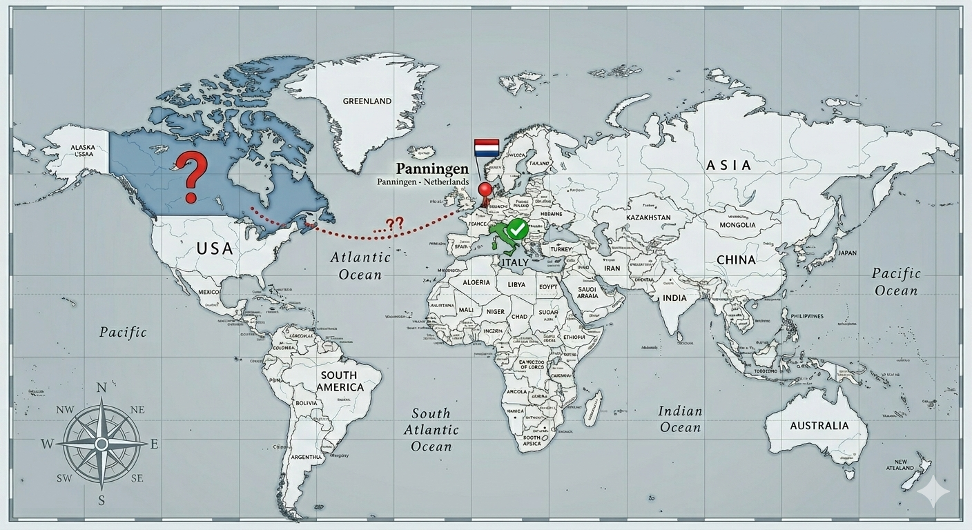 World map showing Panningen, Italy and Canada